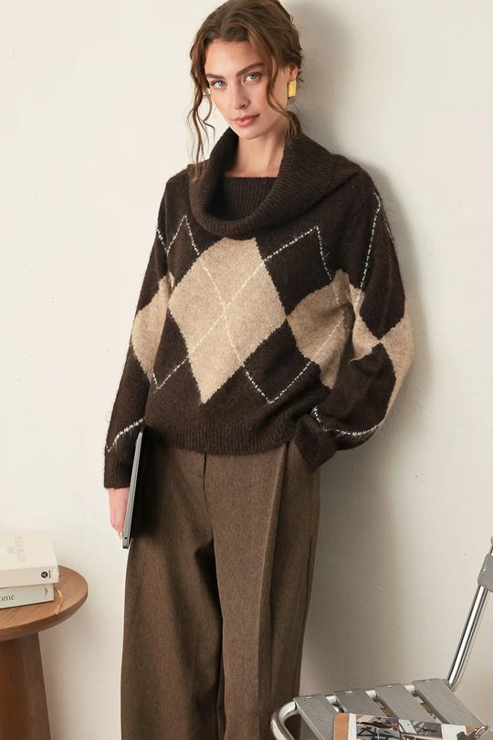 COZY MOMENTS BROWN ARGYLE COWL NECK SWEATER