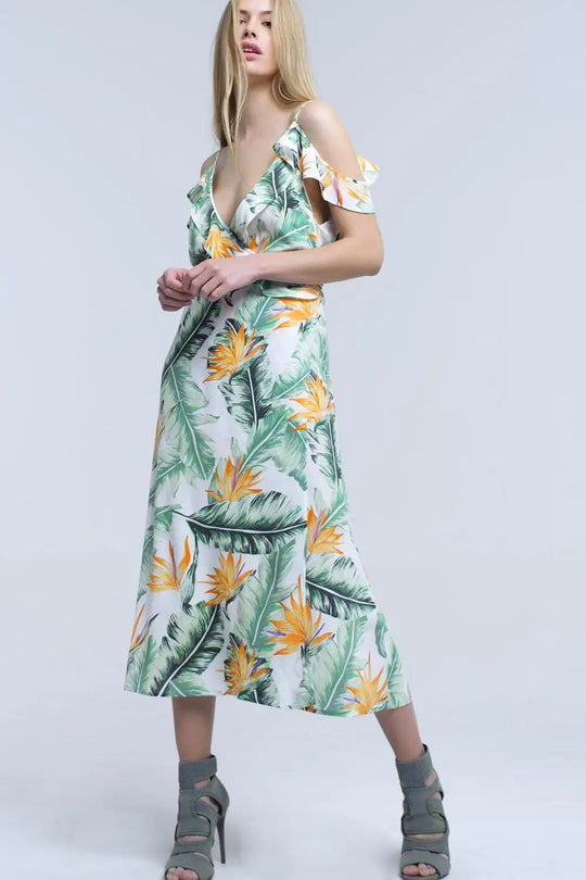 White midi dress in tropical leaves - Dresses