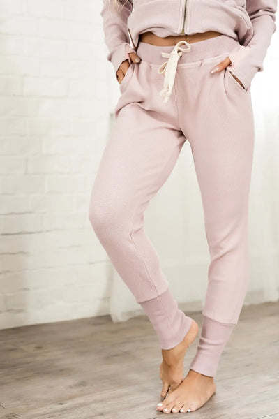 Waffle Knit Joggers- Blush - Bottoms