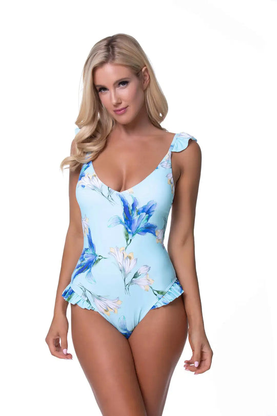 BLUE FLORAL RUFFLE TRIM ONE PIECE SWIMWEAR - M - One Piece