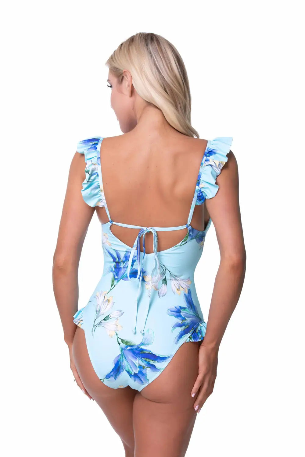 BLUE FLORAL RUFFLE TRIM ONE PIECE SWIMWEAR - One Piece