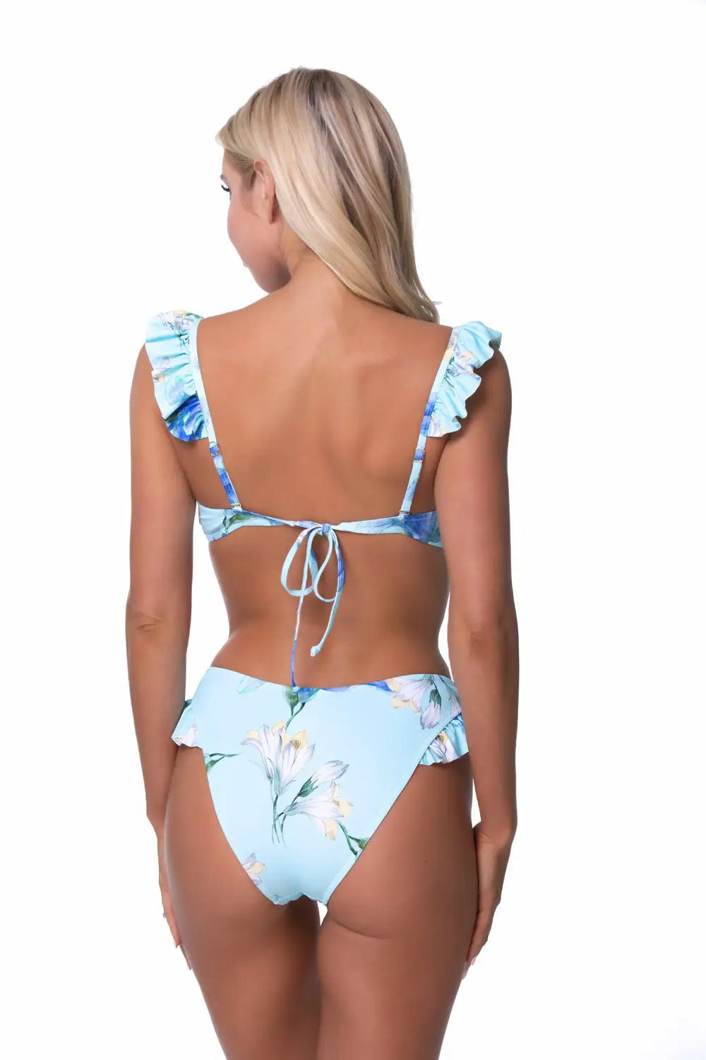 BLUE FLORA RUFFLE TRIM BIKINI SET - Bikini