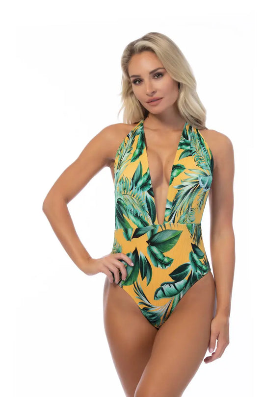RIBBED TROPICAL V NECK ONE PIECE SWIMSUIT - M - One Piece