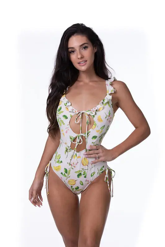 LEMON PRINT RUFFLE TRIM CUTOUT ONE PIECE SWIM - M - One Piece