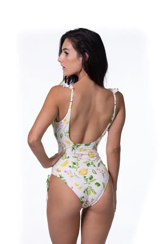 LEMON PRINT RUFFLE TRIM CUTOUT ONE PIECE SWIM - One Piece