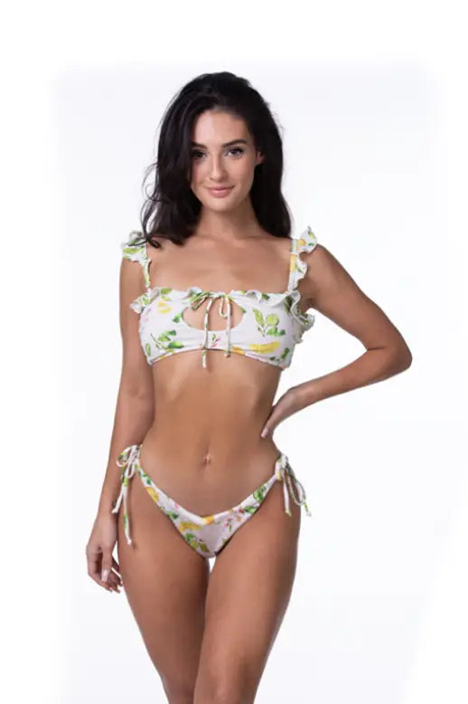 LEMON PRINT RUFFLE TRIM BIKINI SET - S - Bikini