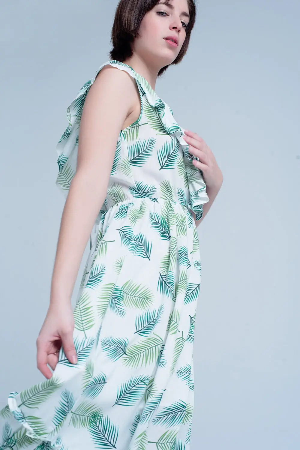 Green Printed Midi Dress with Ruches - Dresses
