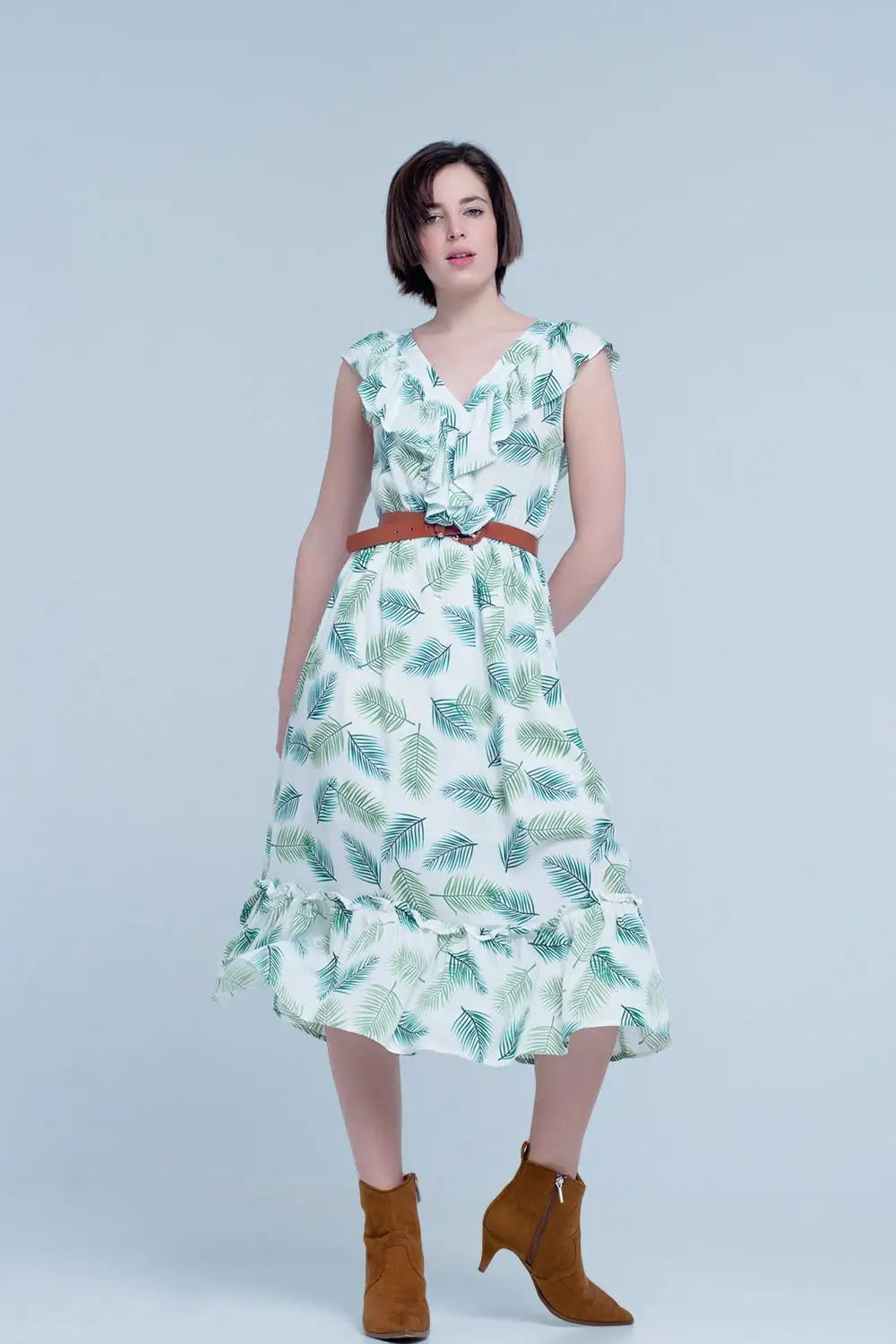Green Printed Midi Dress with Ruches - Dresses