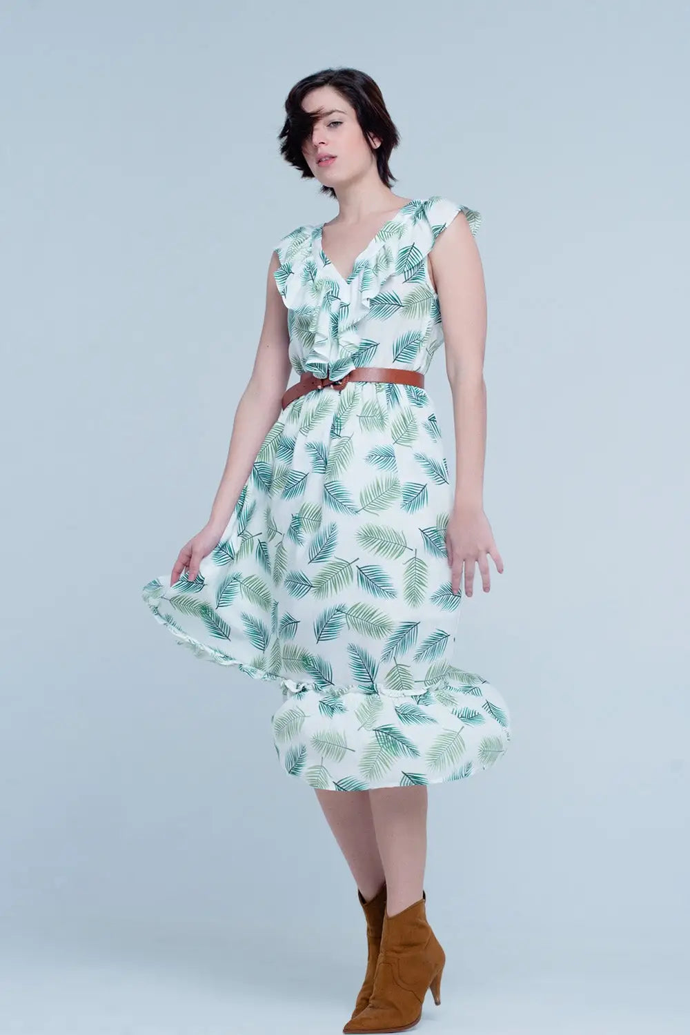 Green Printed Midi Dress with Ruches - Dresses