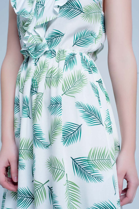 Green Printed Midi Dress with Ruches