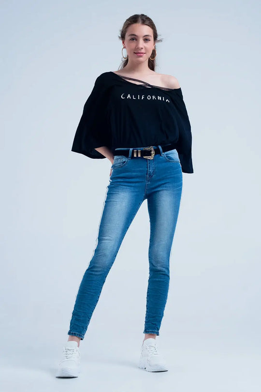 Skinny jeans with white side stripe