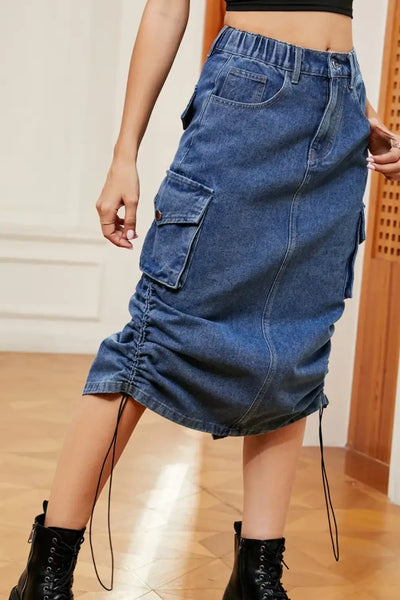 Drawstring Ruched Slit Denim Midi Skirt
