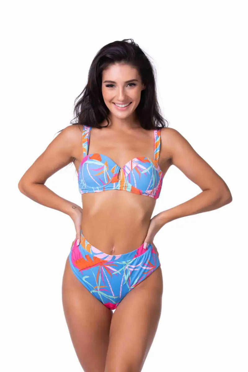 BLUE TROPICAL UNDERWIRE HIGH WAIST BIKINI SET - S - Bikini