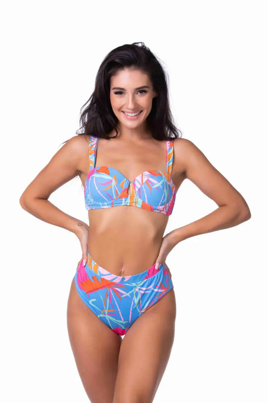 BLUE TROPICAL UNDERWIRE HIGH WAIST BIKINI SET - S - Bikini