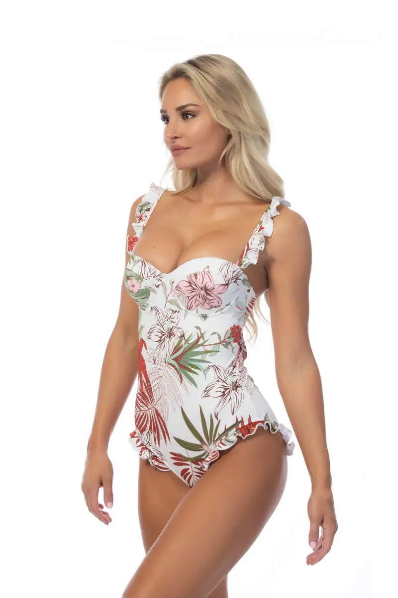 TROPICAL RUFFLE TRIM UNDERWIRE ONE PIECE SWIMSUIT - S - One Piece