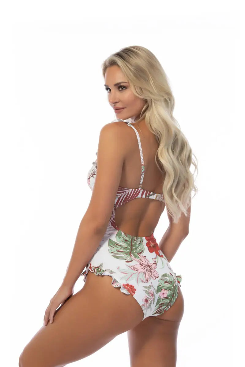 TROPICAL RUFFLE TRIM UNDERWIRE ONE PIECE SWIMSUIT - M - One Piece