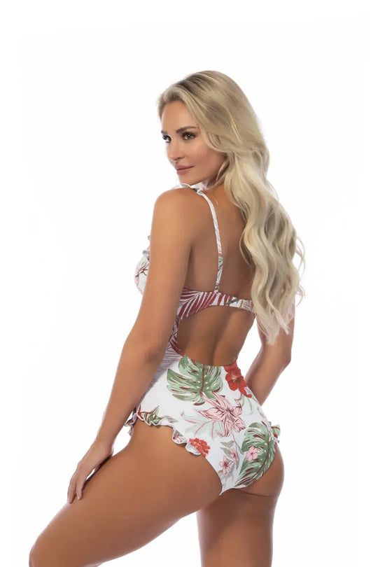 TROPICAL RUFFLE TRIM UNDERWIRE ONE PIECE SWIMSUIT - M - One Piece