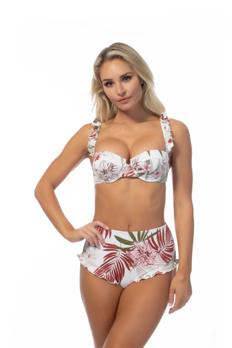 TROPICAL RUFFLE TRIM UNDERWIRE BIKINI SET - S - Bikini