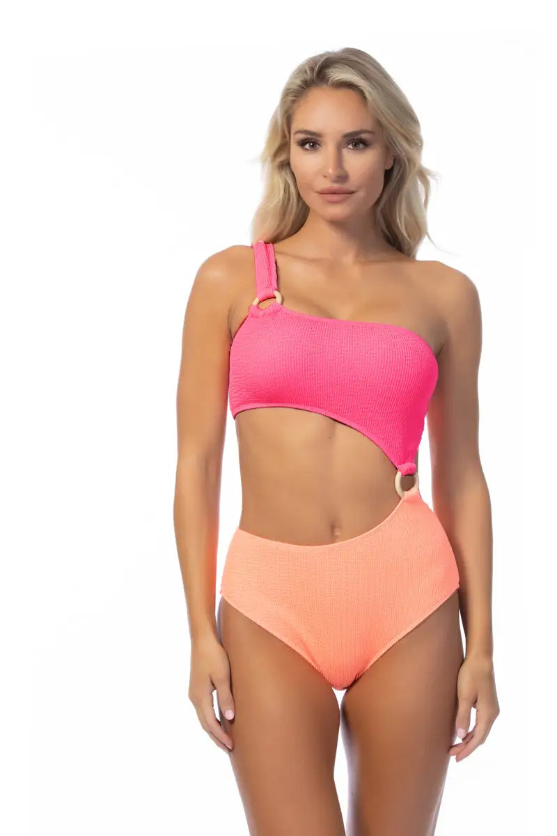 TEXTURED TWO TONE ONE SHOULDER ONE PIECE - S - One Piece