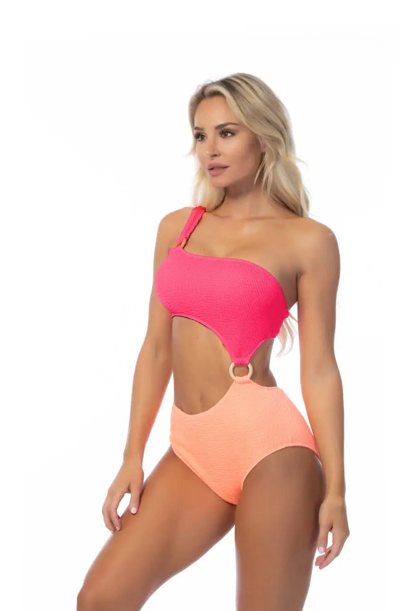 TEXTURED TWO TONE ONE SHOULDER ONE PIECE - One Piece