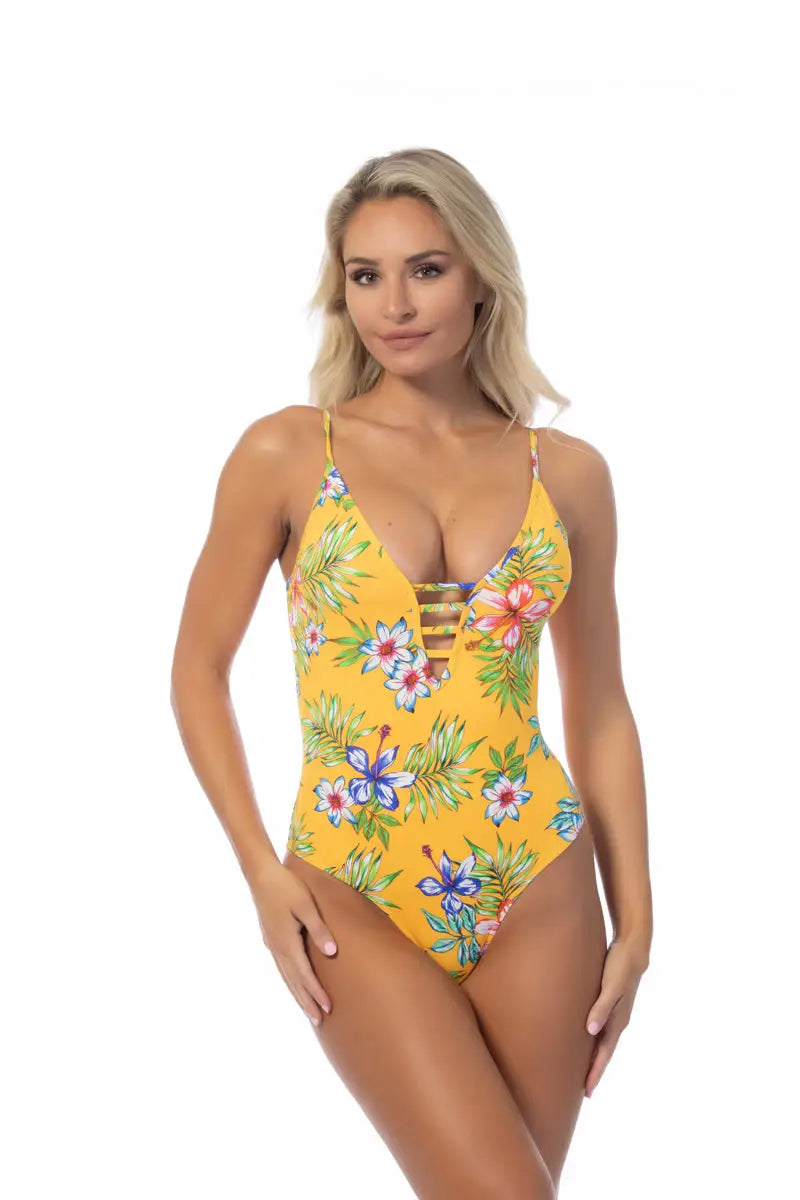 YELLOW ISLAND PRINT ONE PIECE SWIMSUIT - M - One Piece