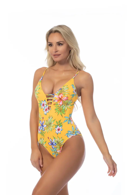 YELLOW ISLAND PRINT ONE PIECE SWIMSUIT - S - One Piece