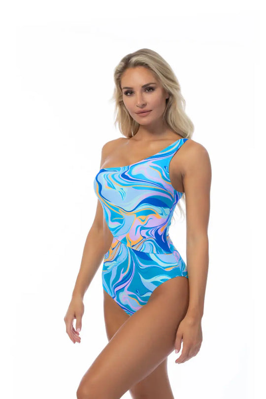 WAVE PRINTED ONE SHOULDER ONE PIECE - One Piece