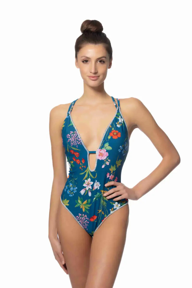 STITCHING DETAIL FLORAL ONE PIECE SWIMSUIT - S - One Piece