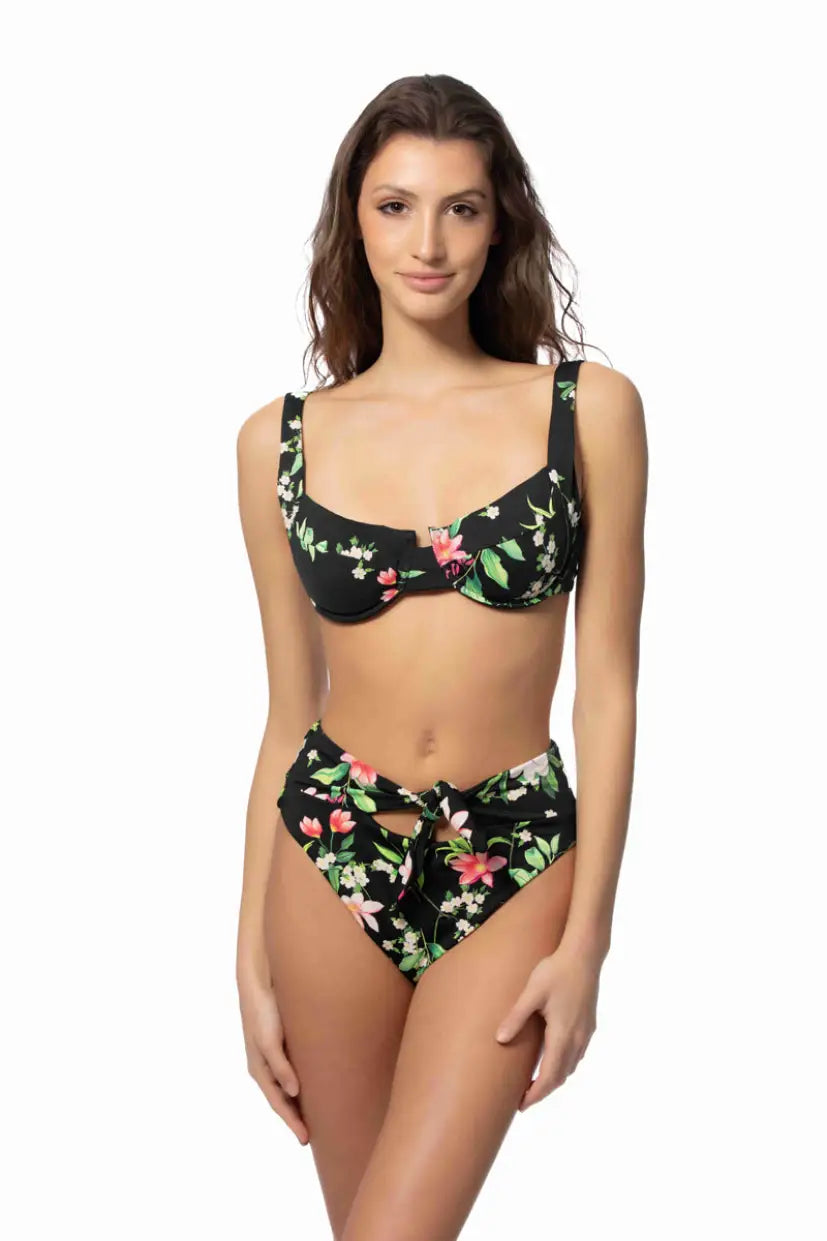 FLORAL UNDERWIRE TIE WAIST BIKINI SET - Black / S - Bikini