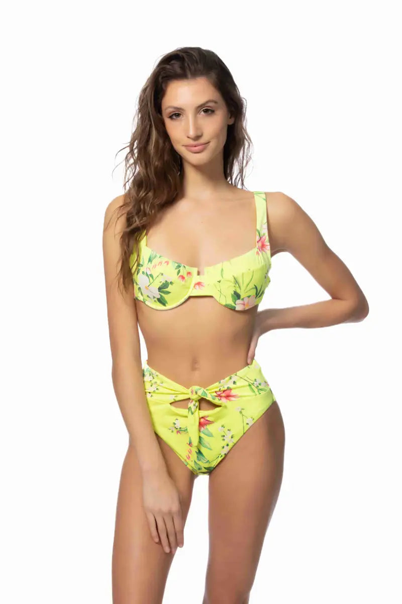 FLORAL UNDERWIRE TIE WAIST BIKINI SET - Neon Yellow / S - Bikini