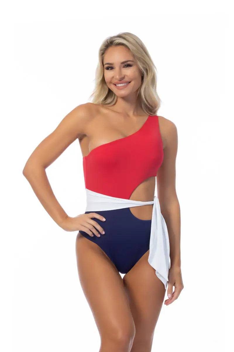 COLOR BLOCKING ONE SHOULDER CUTOUT ONE PIECE
