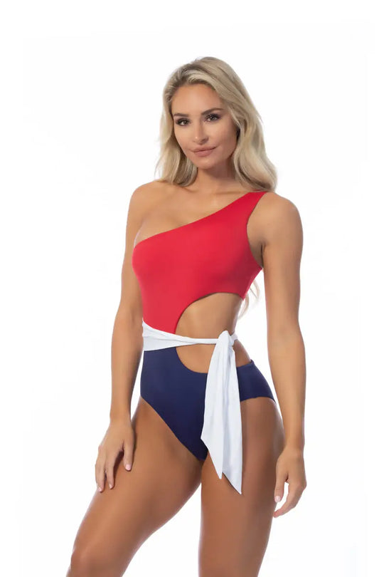 COLOR BLOCKING ONE SHOULDER CUTOUT ONE PIECE