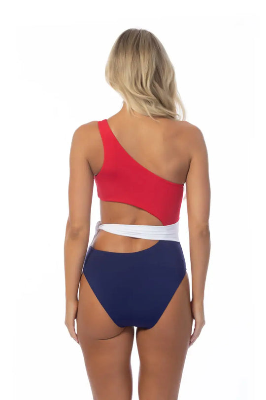 COLOR BLOCKING ONE SHOULDER CUTOUT ONE PIECE