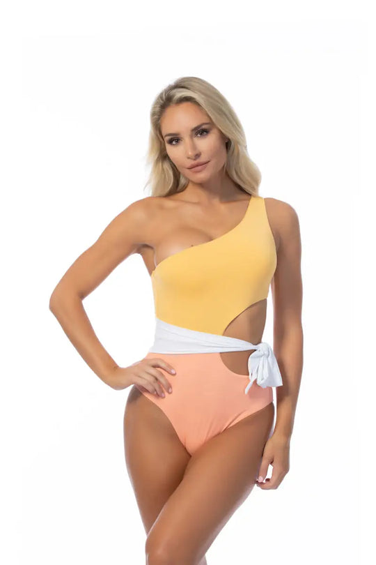 COLOR BLOCKING ONE SHOULDER CUTOUT ONE PIECE - S - One Piece