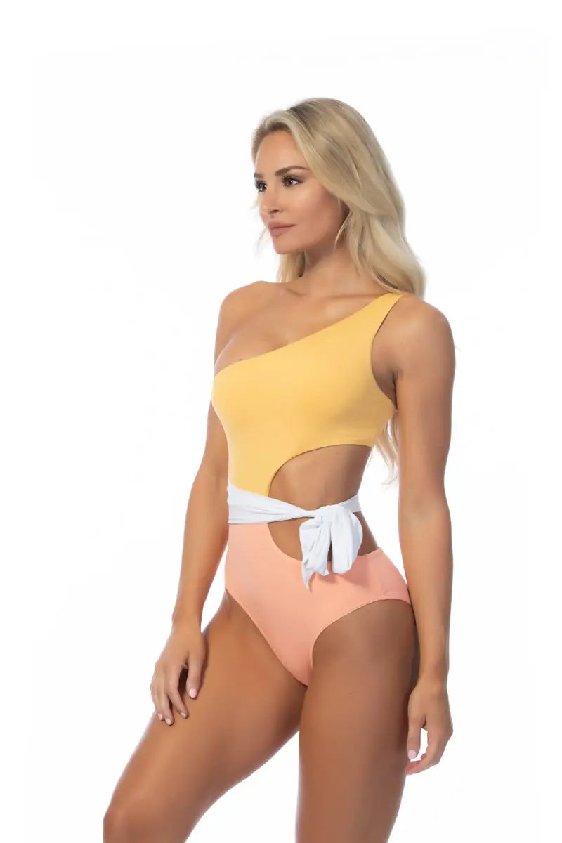 COLOR BLOCKING ONE SHOULDER CUTOUT ONE PIECE - M - One Piece