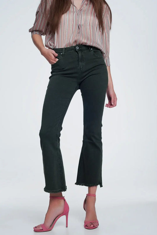 High rise raw hem flared jeans in khaki - Colored Jeans