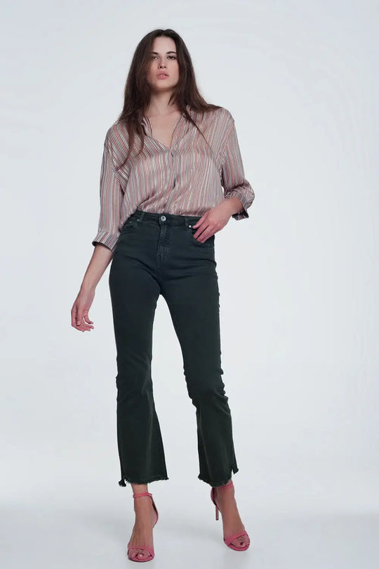 High rise raw hem flared jeans in khaki - Colored Jeans