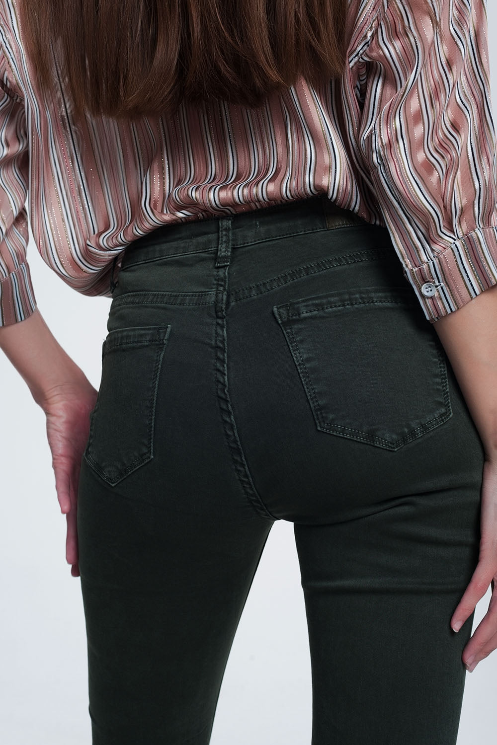 High rise raw hem flared jeans in khaki