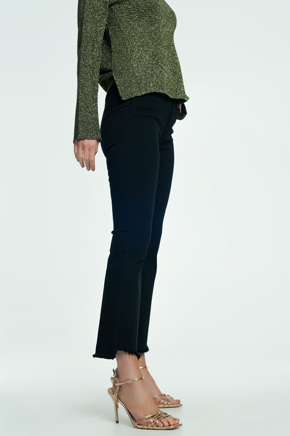 High rise raw hem flared jeans in black