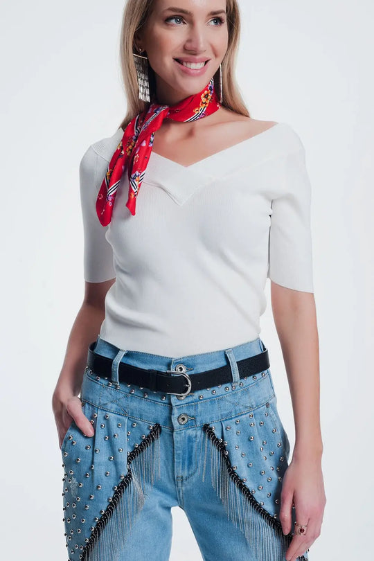 cream sweater with v neck and short sleeves - Sweaters