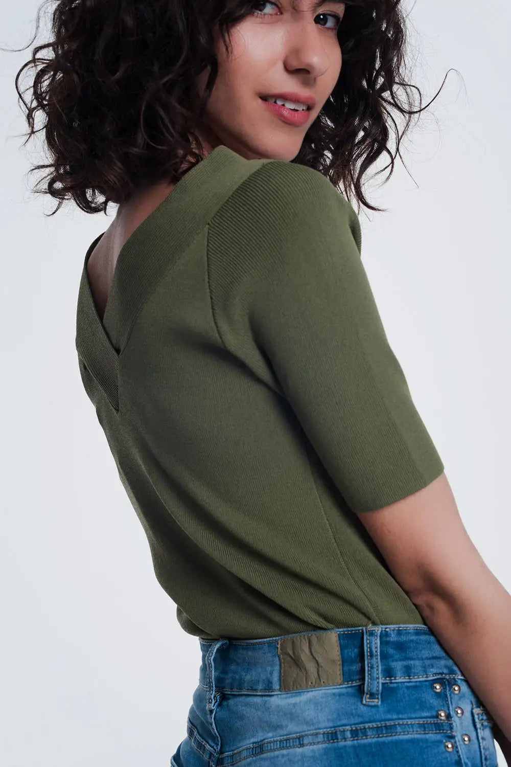 khaki sweater with v neck and short sleeves - Sweaters