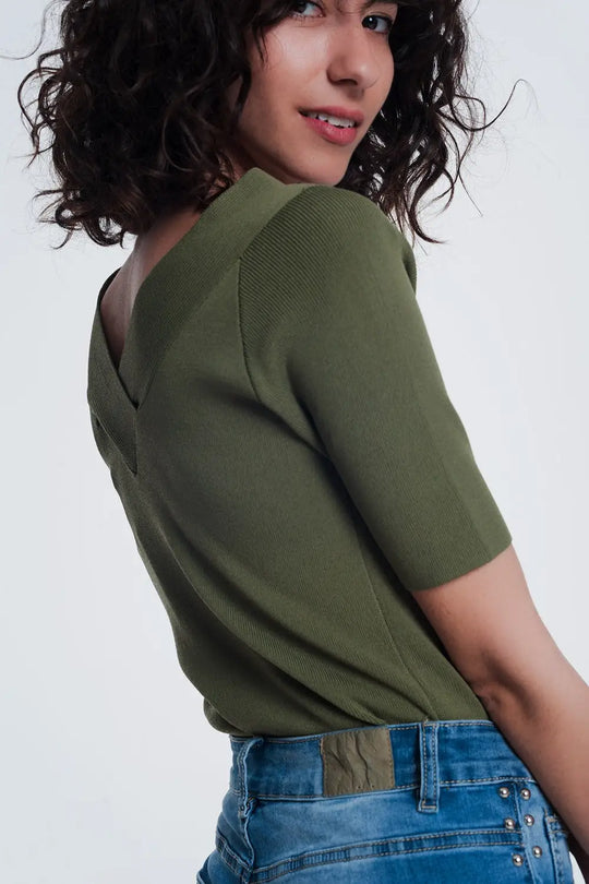 khaki sweater with v neck and short sleeves - Sweaters