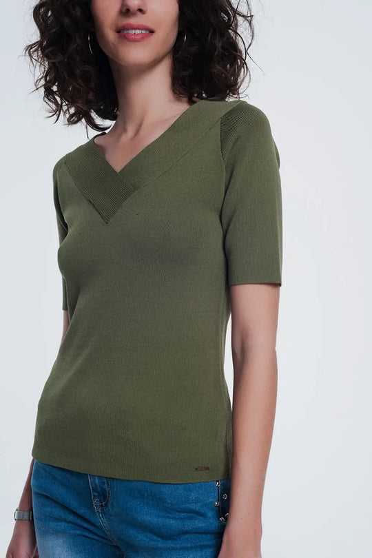 khaki sweater with v neck and short sleeves - Sweaters