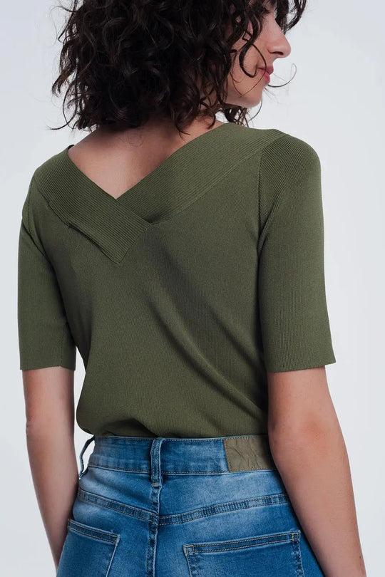 khaki sweater with v neck and short sleeves - Sweaters