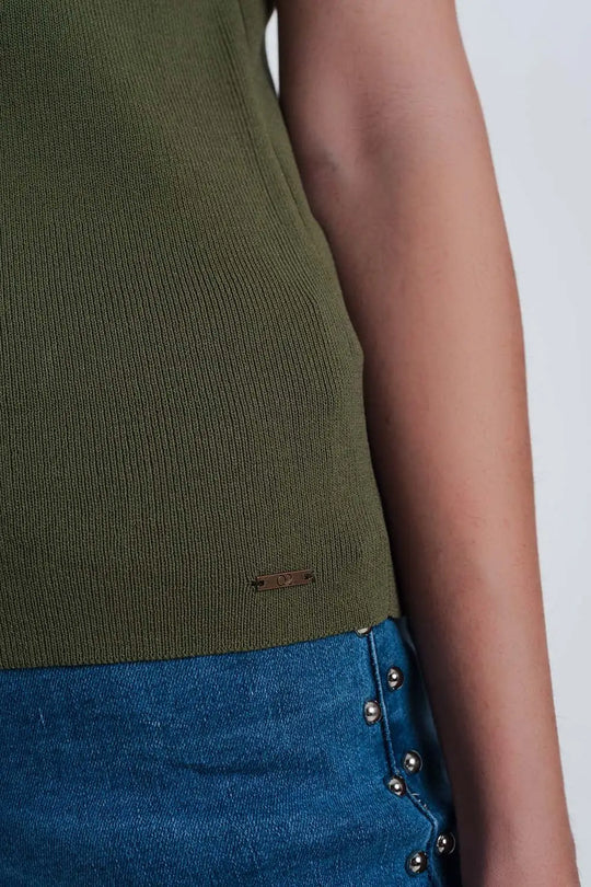 khaki sweater with v neck and short sleeves - Sweaters