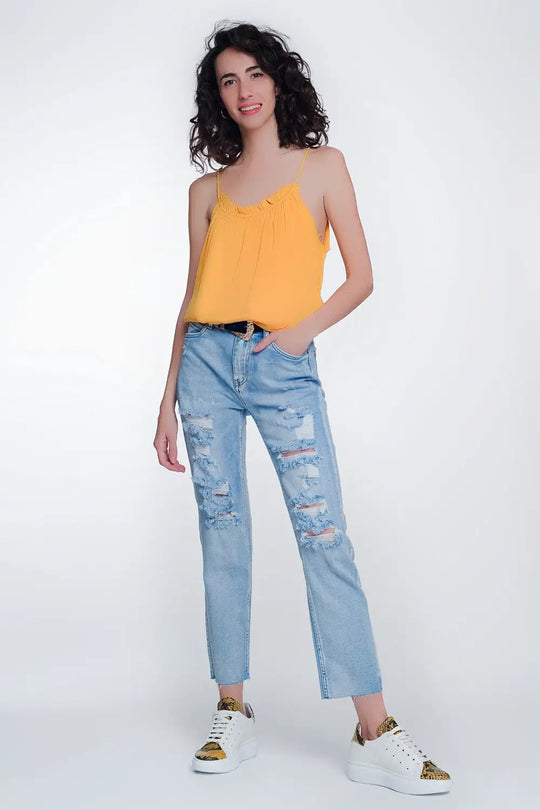 wide leg cropped raw hem jeans in blue colour