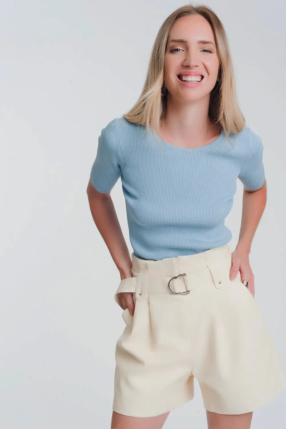 Rib knitted sweater with tie back in blue - Sweaters