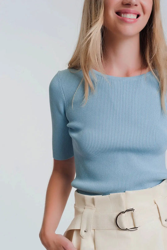 Rib knitted sweater with tie back in blue - Sweaters