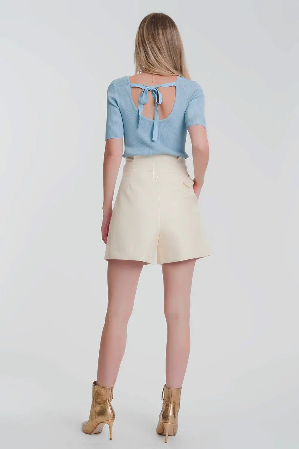 Rib knitted sweater with tie back in blue - Sweaters