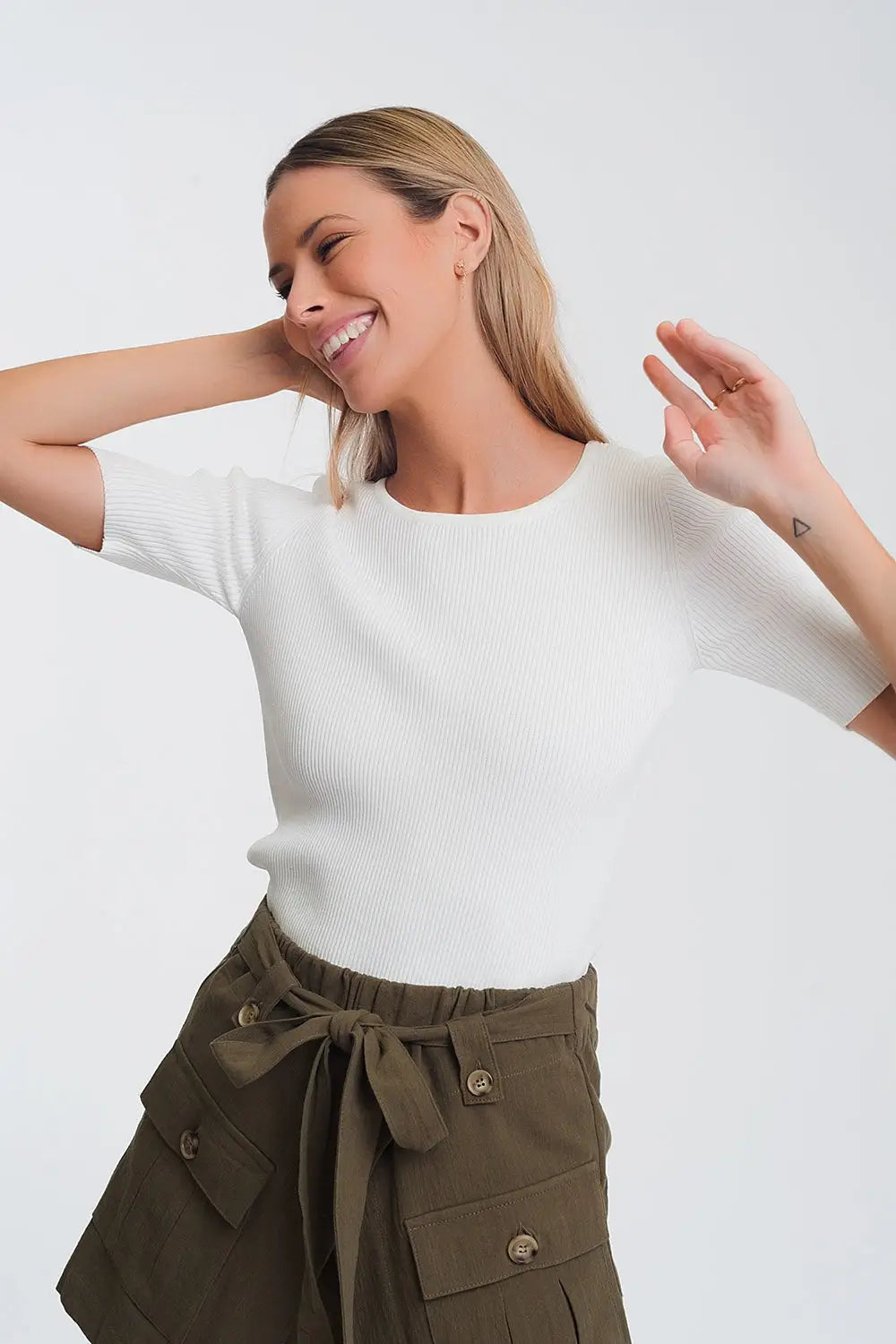 Rib knitted sweater with tie back in cream - Sweaters